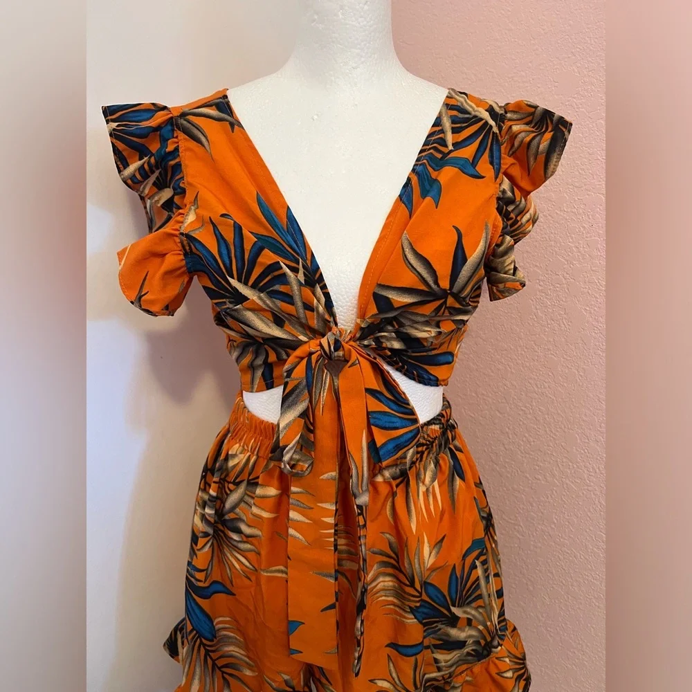 Tropical Print Tie Front Ruffle Trim Top and Shorts Co-ord Set
